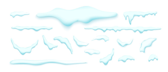Big set of realistic snow caps, icicles, snowball and snowdrift isolated over white background.