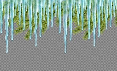 Seamless border with realistic firtree and icicles over transparent background. Design template for merry christmas
