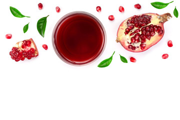 pomegranate juice with fresh pomegranate fruits isolated on white background with copy space for your text. Top view