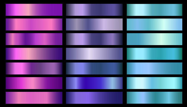 Pink, purple, violet, blue, aquamarine metallic foil texture vector gradients set