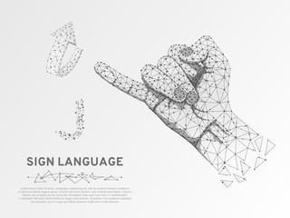 Origami Sign language J letter, hand that use the visual-manual modality to convey meaning. Polygonal space low poly style. People silent communication. Connection wireframe Vector on white background