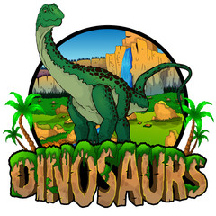 Logo  Dinosaurs World with Diplodocus. Vector illustration.