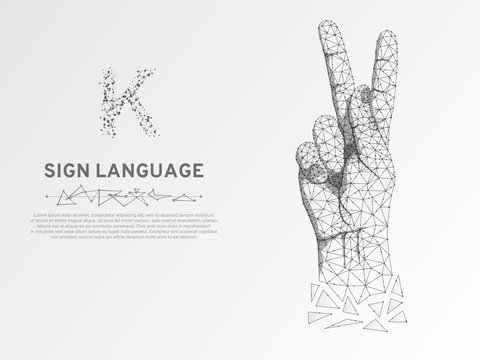 Origami Sign language K letter, hand that use the visual-manual modality to convey meaning. Polygonal space low poly style. People silent communication. Connection wireframe Vector on white background