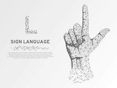 Origami Sign language L letter, hand that use the visual-manual modality to convey meaning. Polygonal space low poly style. People silent communication. Connection wireframe Vector on white background