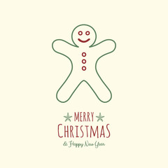 Concept of Christmas greeting card with hand drawn gingerbread cookie. Vector.