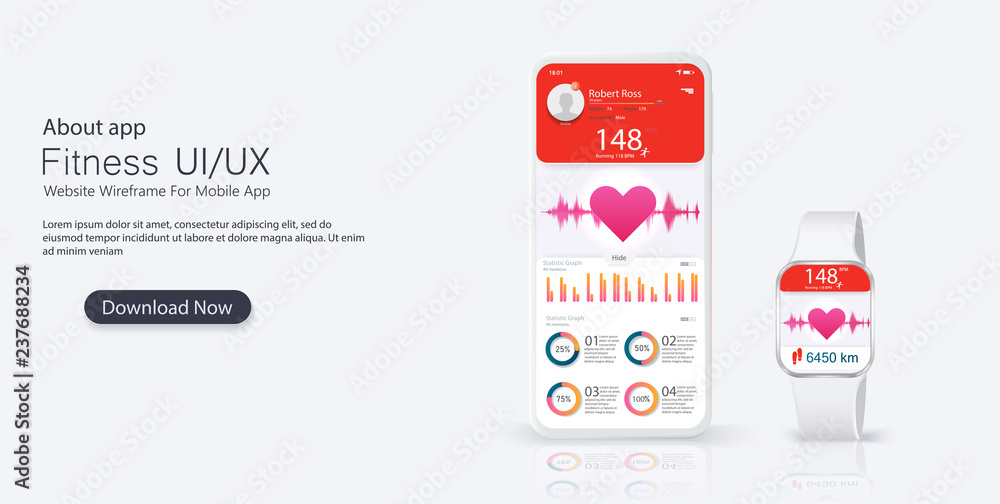 Poster different ui, ux, gui screens fitness app and flat web icons for mobile apps and clock , responsive 