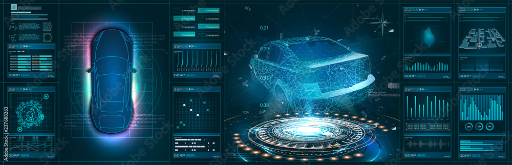 Poster futuristic car user interface. hud ui. hologram of the car, scanning. abstract virtual graphic touch
