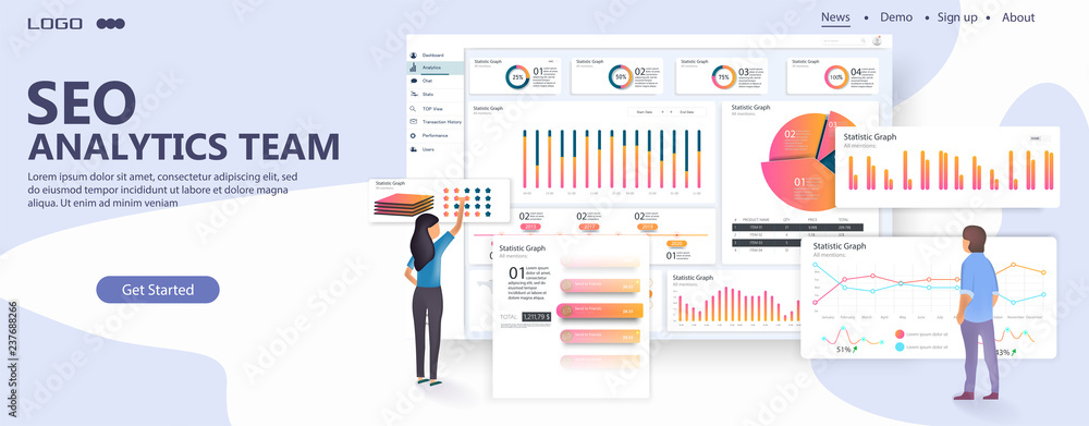 Poster people interacting with charts and analyzing statistics. data visualization concept. 3d isometric ve