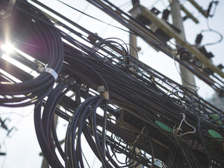 Close up of tangled electrical wires are dangerous
