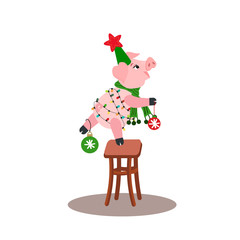 Christmas icon with cute pig with Christmas garland on stool. Vector winter  holiday illustration can use  for decoration, greeting cards, invitations.