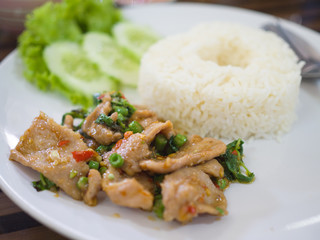 Stir-fried pork and basil with rice, Thai spicy food basil pork fried rice recipe (Krapao Moo)