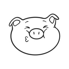 Kissing emoticon icon. Squinted emoji pig is sending a kiss. Cute little pig for coloring book.