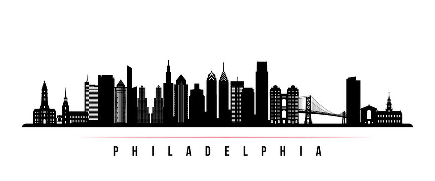 Philadelphia city skyline horizontal banner. Black and white silhouette of Philadelphia city, Netherlands. Vector template for your design.