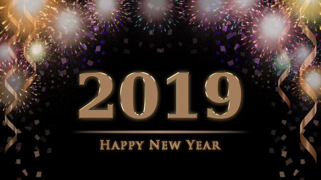 2019 New Year's eve celebration card with colorful fireworks. Illustration with confetti, ribbons, firework display and golden 2019 Happy New Year text on black background