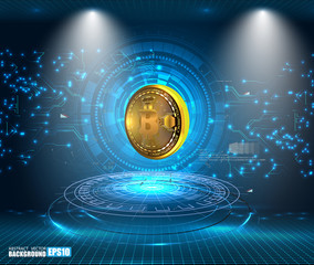 Bitcoin technology abstract visualization.Bitcoin conceptual background with blue glowing electric lights in style hud. Modern bright banner, site template with place for your text.