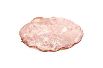 Ham slice isolated on white background, top view