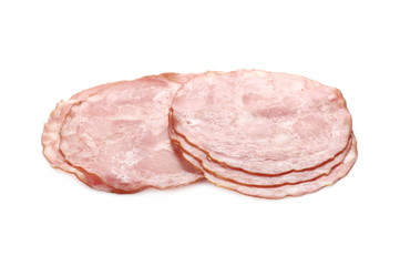 Ham slices isolated on white background, top view