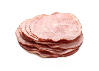 Ham slices isolated on white background, top view