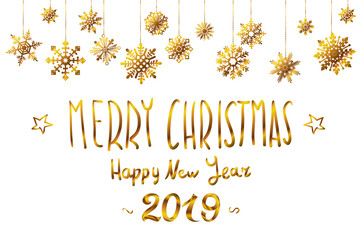 vector gold Merry christmas greetings and Happy new year 2019 white background. golden snowflakes