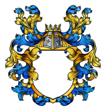 A coat of arms crest heraldic medieval knight or royal family shield. Blue and yellow vintage motif with filigree leaf heraldry.