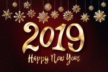vector Realistic 2019 golden numbers, snowflake on red background. Vector holiday illustration. Happy New 2019 Year. Decoration element with tinsel