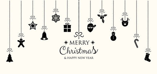 Christmas and New Year card with decorations and wishes. Vector.