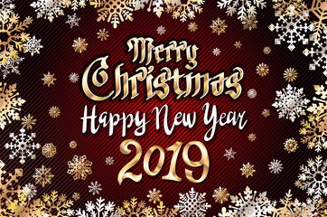 vector gold Merry christmas greetings and Happy new year 2019 dark red background. golden snowflakes