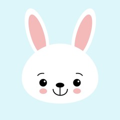 Cute bunny vector graphic icon. White rabbit animal head, face illustration. Isolated on blue background