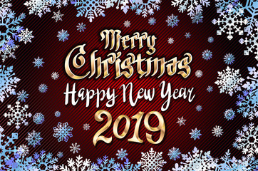 vector gold Merry christmas greetings and Happy new year 2019 dark red background. golden snowflakes