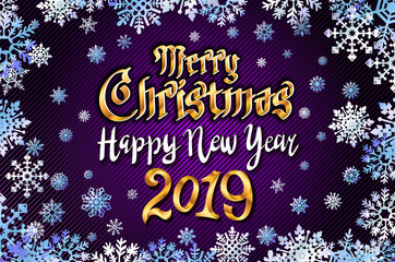 vector gold Merry Christmas and Happy new year 2019 violet background. golden snowflakes