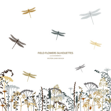 Vector silhouettes collection. Set of field flowers, herb and dragonflies. Card design. Label design.
