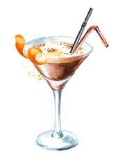Espresso martini cocktail with orange zest. Watercolor hand drawn illustration, isolated on white background