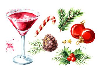Red christmas martini cocktail elements set. Watercolor hand drawn illustration, isolated on white background