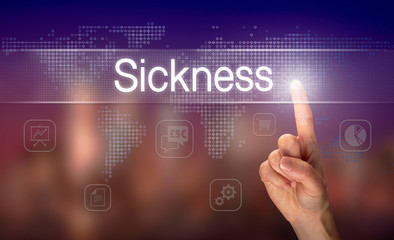 A hand selecting a Sickness business concept on a clear screen with a colorful blurred background.