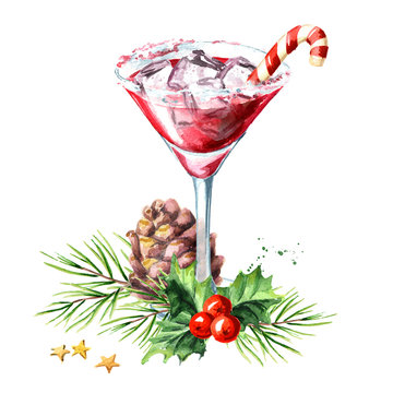 Red christmas martini with lollipop or candy cane and xmas composition. Watercolor hand drawn illustration, isolated on white background