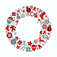 Design of Christmas greeting card template with with wreath and decorations. Vector.