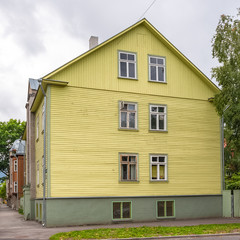Fototapeta na wymiar Tallinn in Estonia, wooden colorful houses in Kalamaja neighborhood, typical houses 