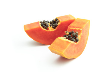 Ripe papaya is a healthy fruit. Properties as medicine. Use as a diuretic, diuretic to help heal laxative. The name is scientific : Carica papaya. isolated on white background and clipping path.