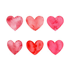 Valentines day, aquarelle illustration. Set of hand painted watercolor hearts. Isolated objects perfect for Valentine's day card or romantic post cards. Design heart elements for valentine message.