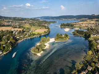 Aerial Drone photography of the beginning part of Rhine river at Lake Constance: Islet Werd, Stein am Rhein, Switzerland