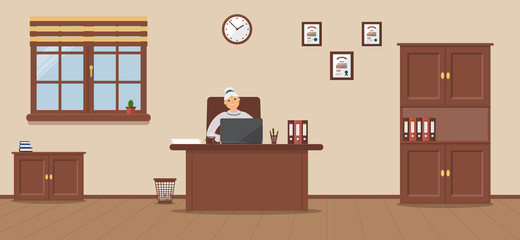 An elderly woman sitting in the workplace in a spacious office on a cream background. Vector illustration.Table, wardrobe, diplomas. Wooden floor. Perfect for advertising