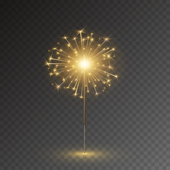 Firework isolated on transparent background. Festive golden Christmas sparkler candle lights. Vector burning bengal at night sky for New Year, birthday or Diwali design.