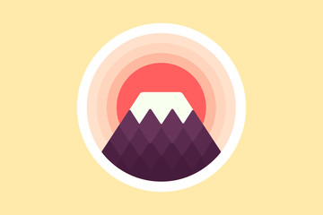 badge mountain fuji icon vector, rising sun above the hill