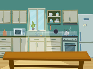 Kitchen interior with furniture and fridge. Flat cartoon style