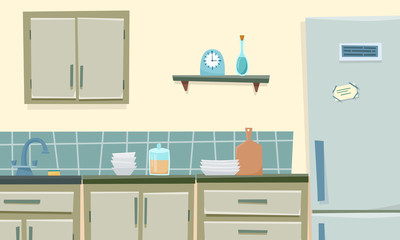 Kitchen interior with furniture and fridge. Flat cartoon style