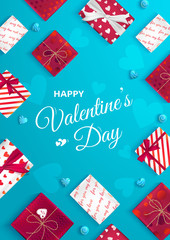 Happy Valentine's Day greeting card. Top view on gift boxes in different packaging, candy lollipop in the form of heart. Festive romantic love background, web banner. Vector illustration.