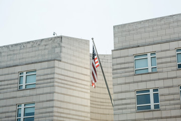 American flag on the building of the Embassy of America in Berlin in Germany.