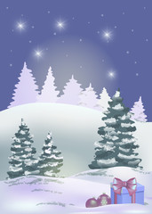 Winter night landscape with stars, hills, fir trees and gift boxes. Holiday Christmas and New Year background. Vector illustration.