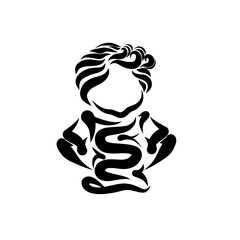 Fototapeta premium Curly boy hides his hands behind his back, secret, black abstract pattern