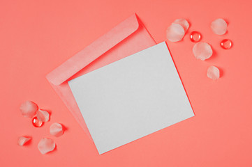 Envelope with blank postcard and decoration, Living Coral color